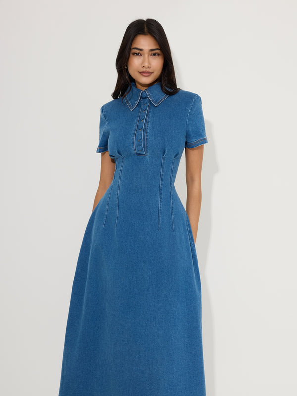 Cotton Mix Denim Collared Midi Dress