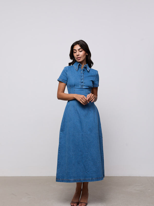 Cotton Mix Denim Collared Midi Dress