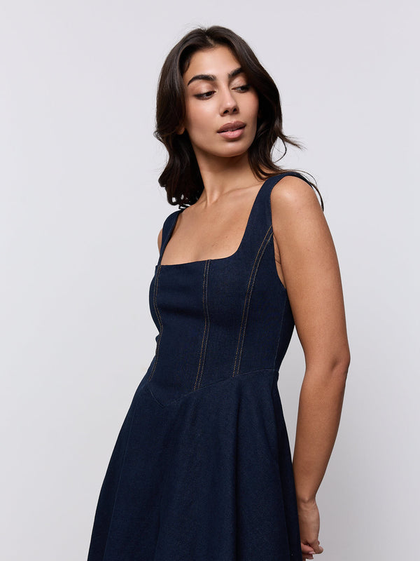 Cotton Mix Denim Square Neck Midi Dress