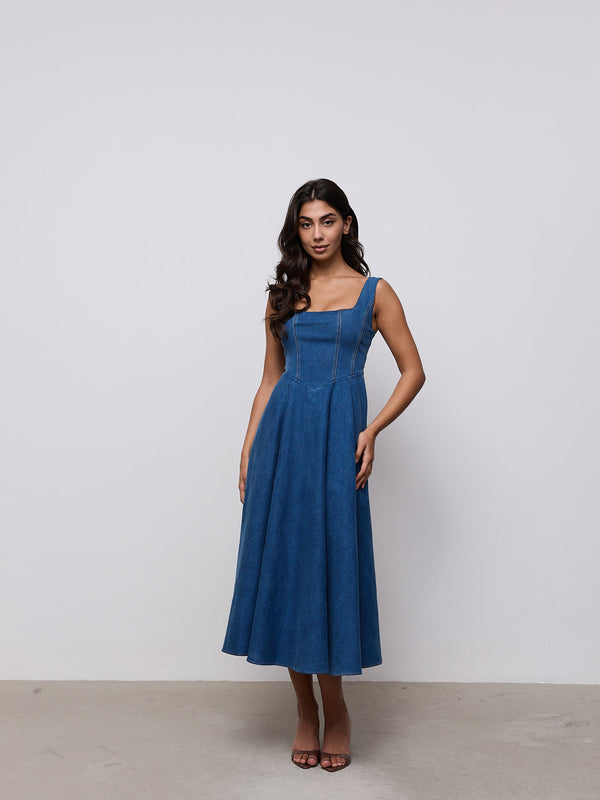Cotton Mix Denim Square Neck Midi Dress