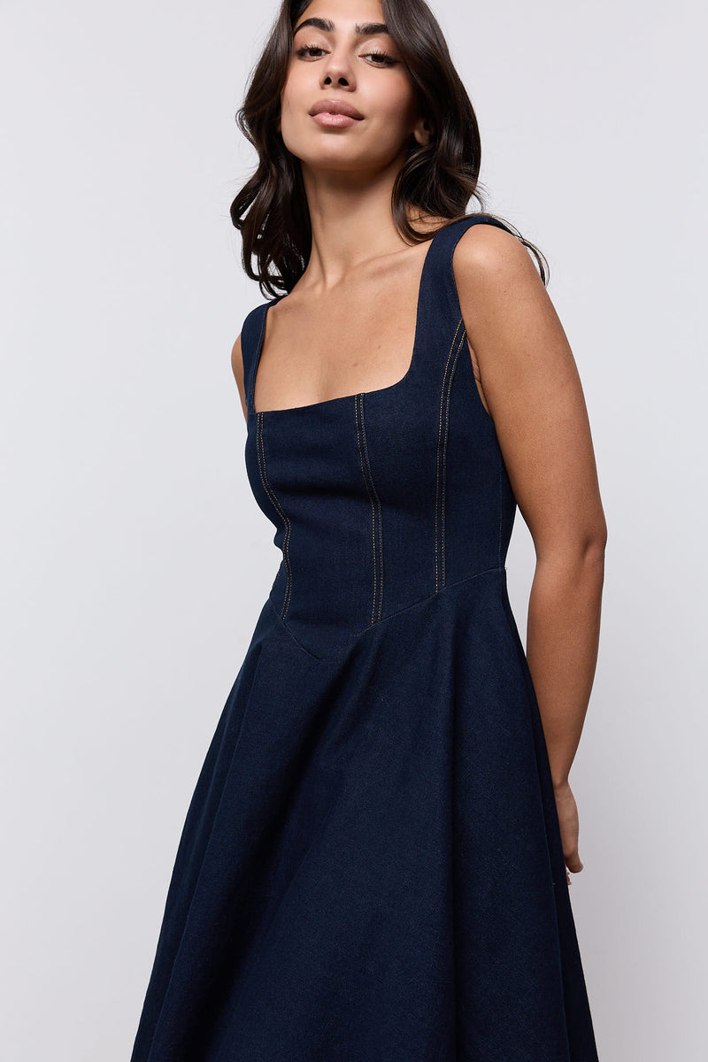 Cotton Mix Denim Square Neck Midi Dress