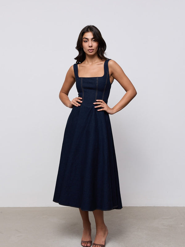 Cotton Mix Denim Square Neck Midi Dress