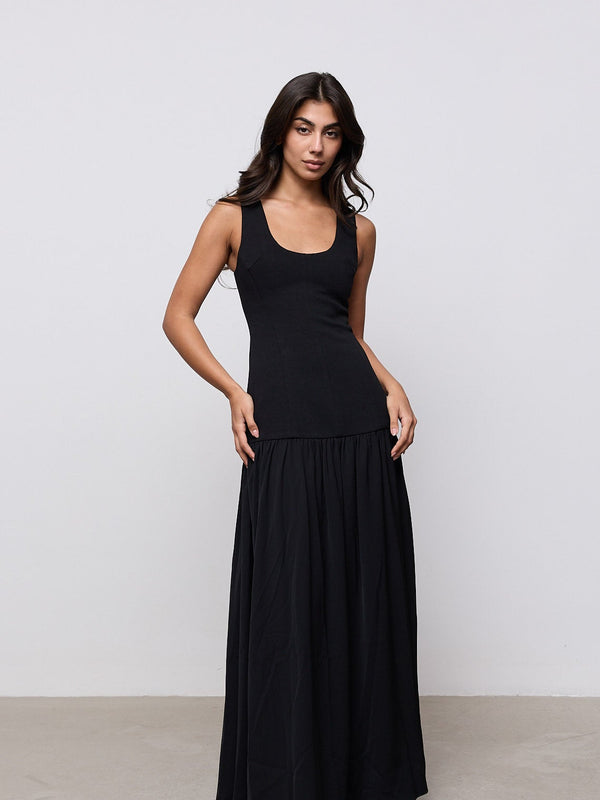 Cotton Mix Dropped Waist Maxi Dress