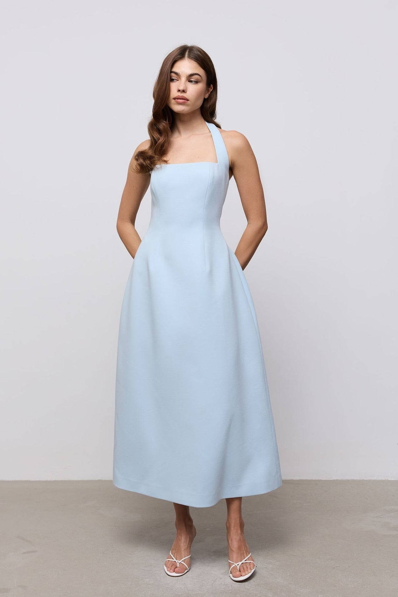 cotton halter midi dress Pink Tailored Cotton Sateen Halter Full Midi Dress