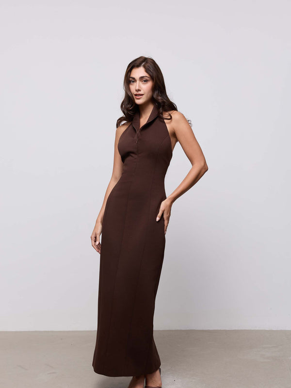 Cotton Mix Zip Collar Midi Dress