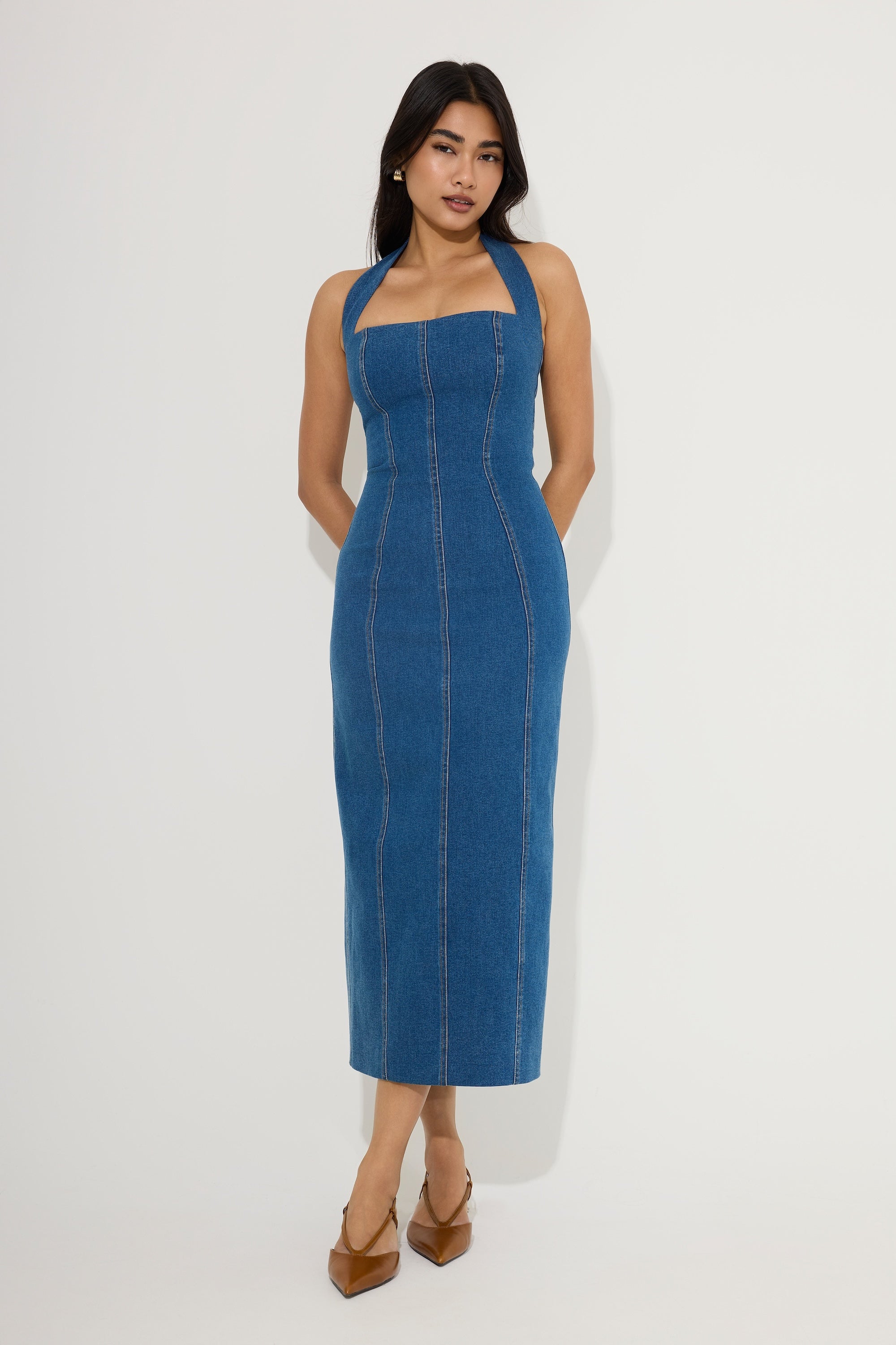 denim halter midi dress Cotton Mix Denim Halter Midi Dress – Odd Muse