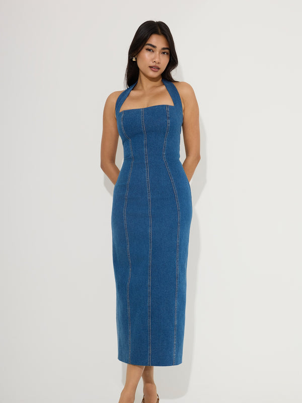 Cotton Mix Denim Halter Midi Dress