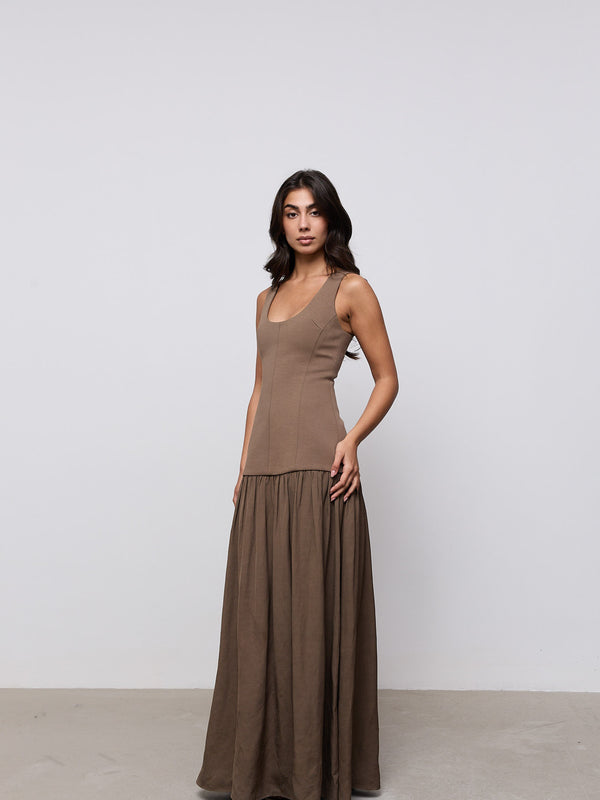 Linen Mix Dropped Waist Maxi Dress