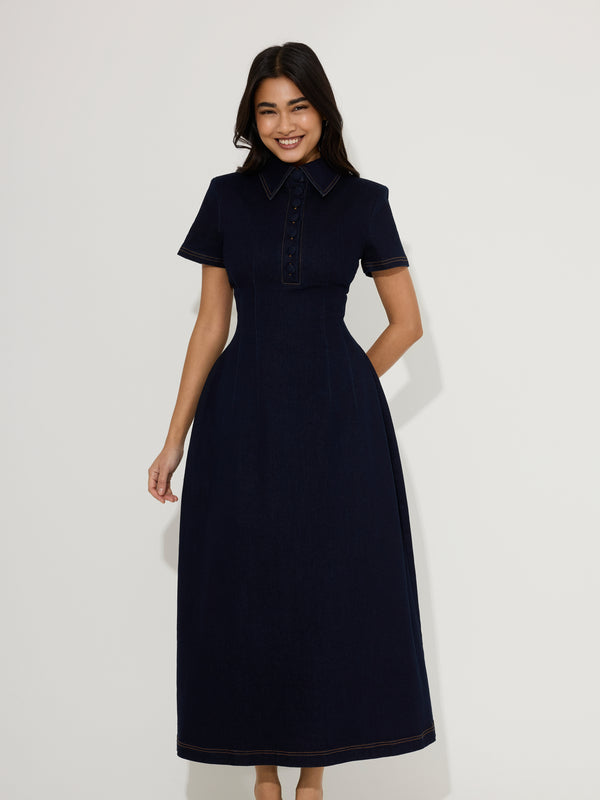 Cotton Mix Denim Collared Midi Dress