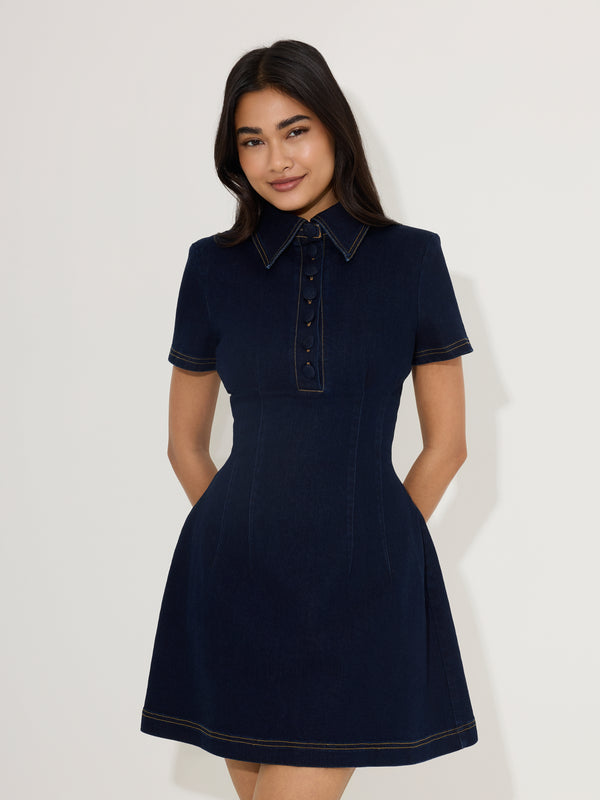 Cotton Mix Denim Collared Mini Dress