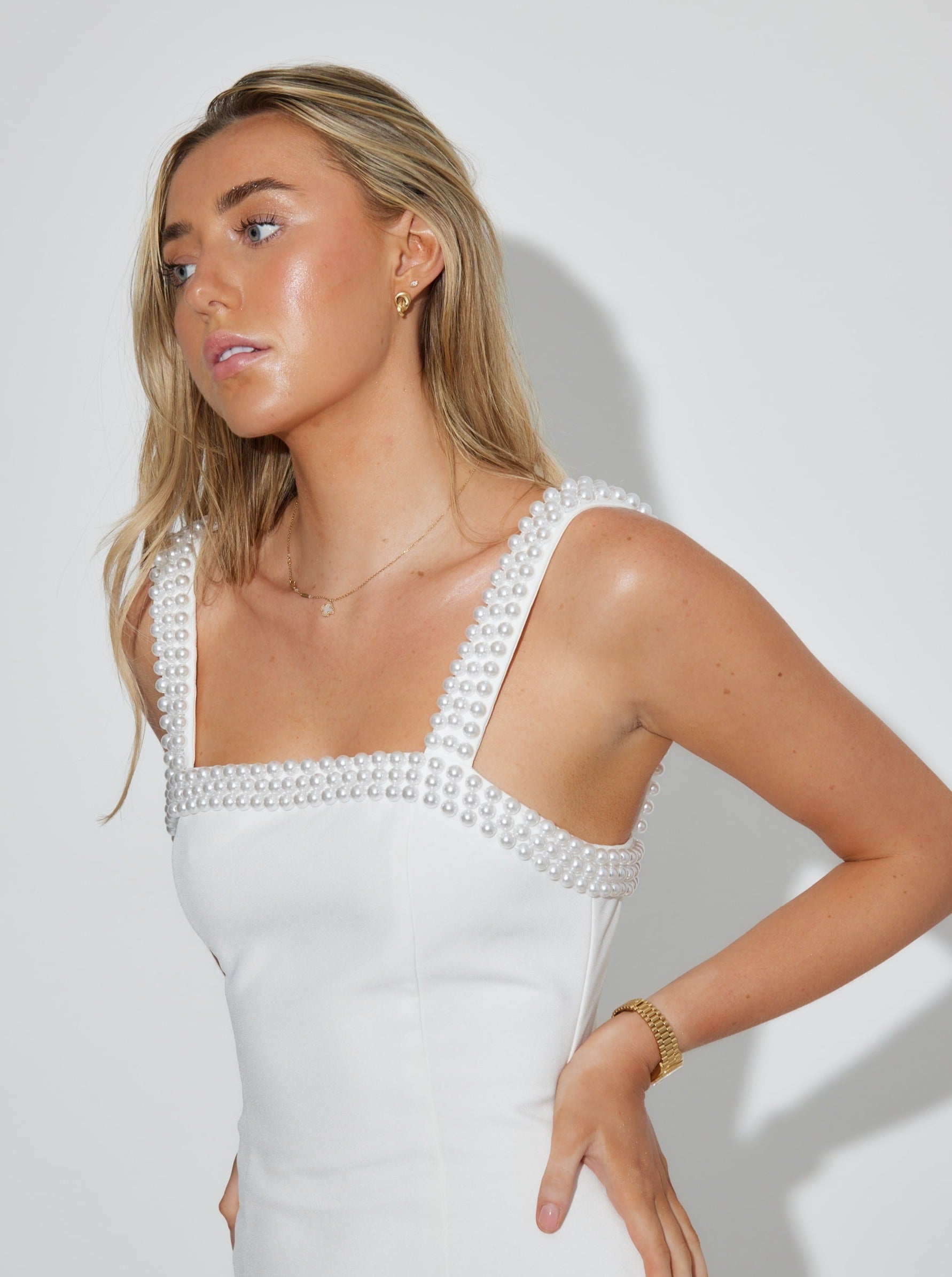 The Ultimate Muse Pearl Trim Midi Dress | White
