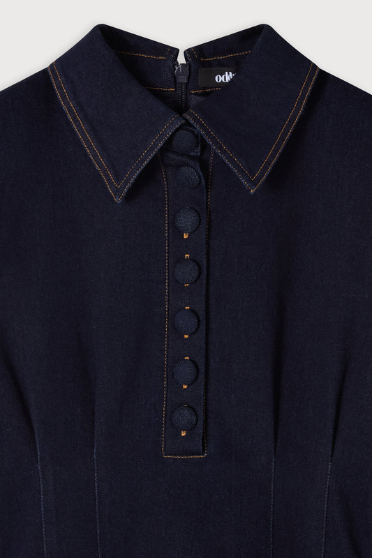 Cotton Mix Denim Collared Midi Dress