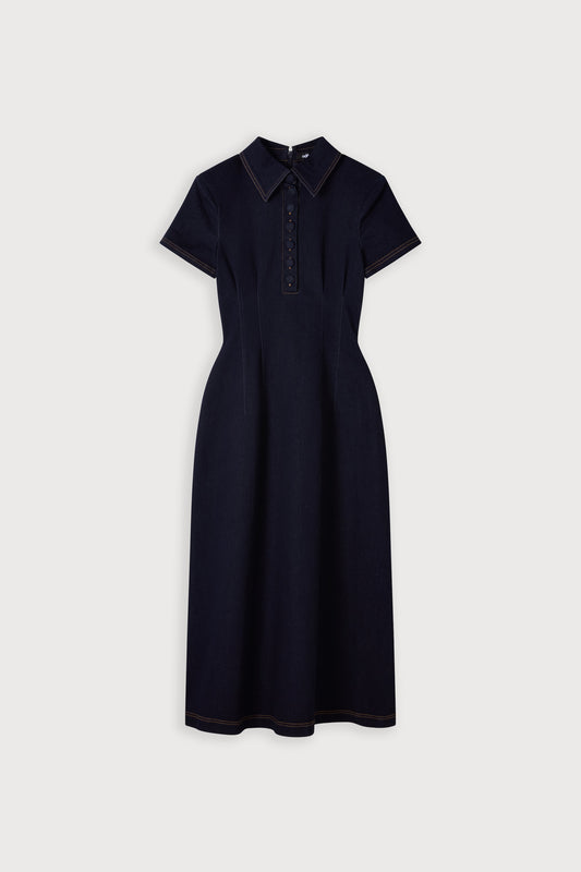 Cotton Mix Denim Collared Midi Dress