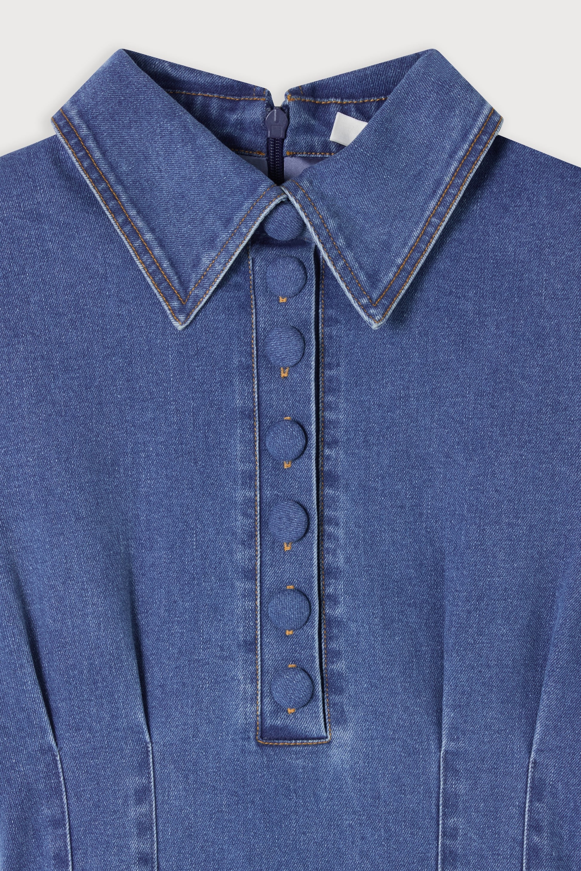 Cotton Mix Denim Collared Midi Dress