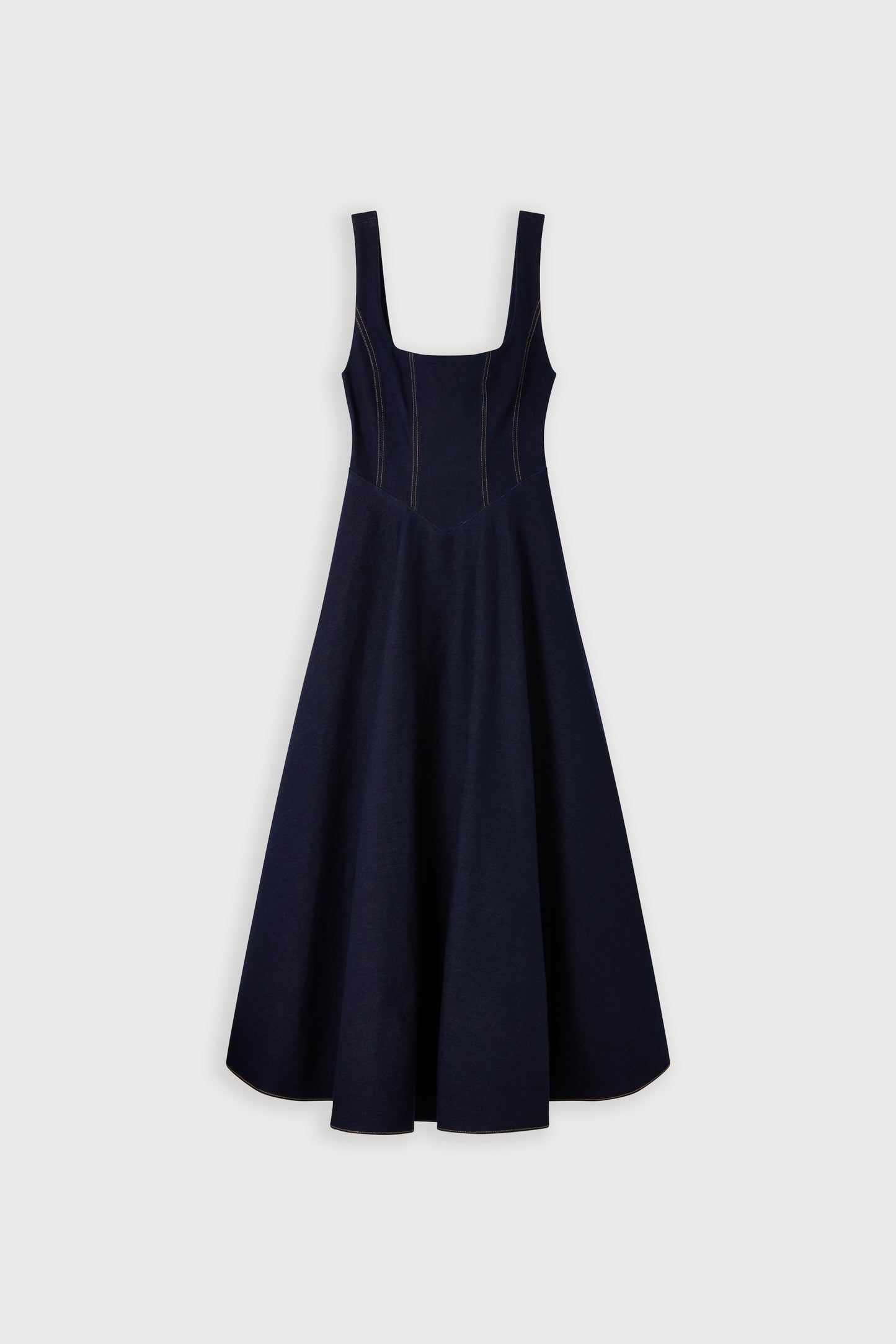 Cotton Mix Denim Square Neck Midi Dress