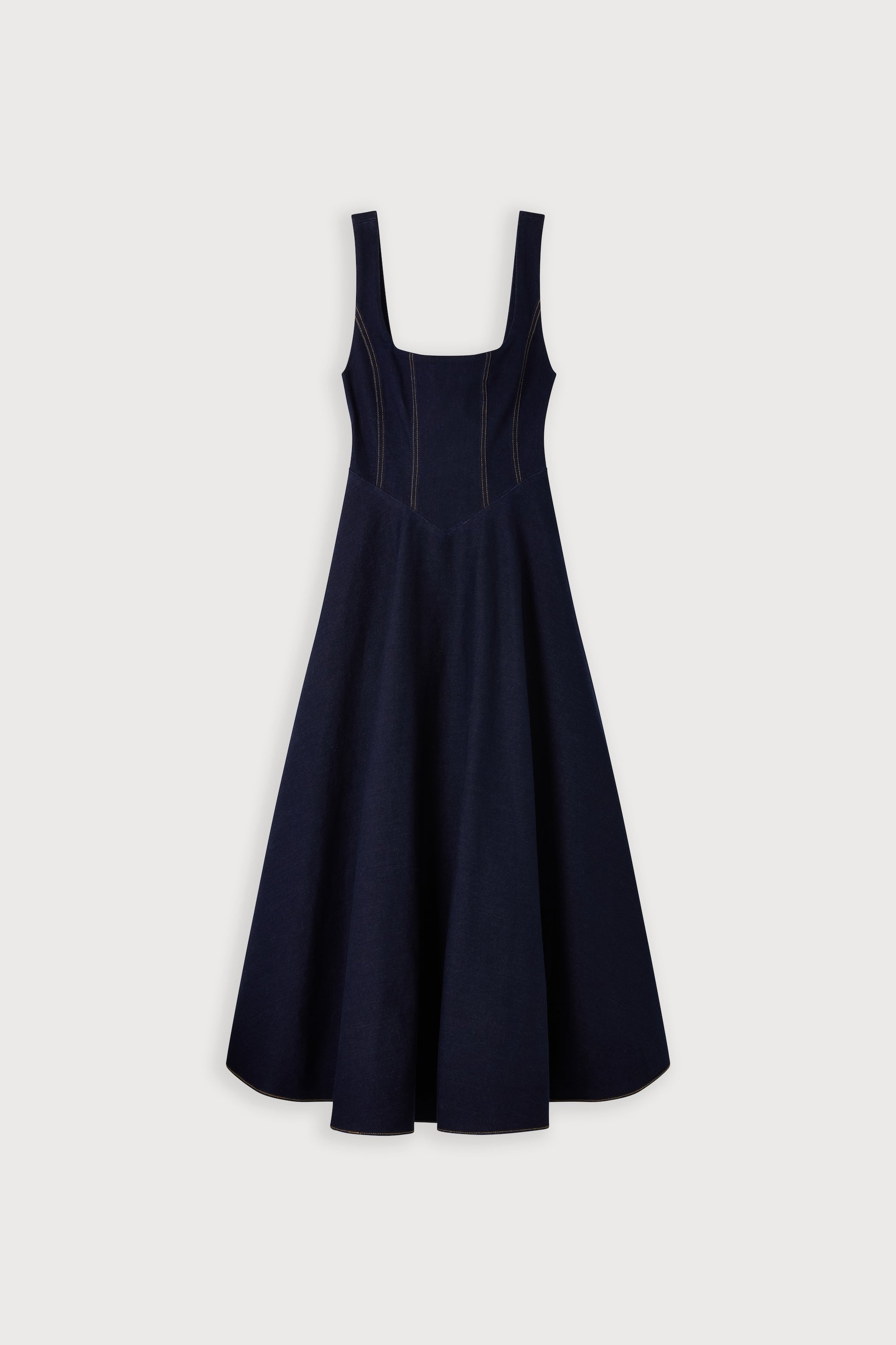 Cotton Mix Denim Square Neck Midi Dress