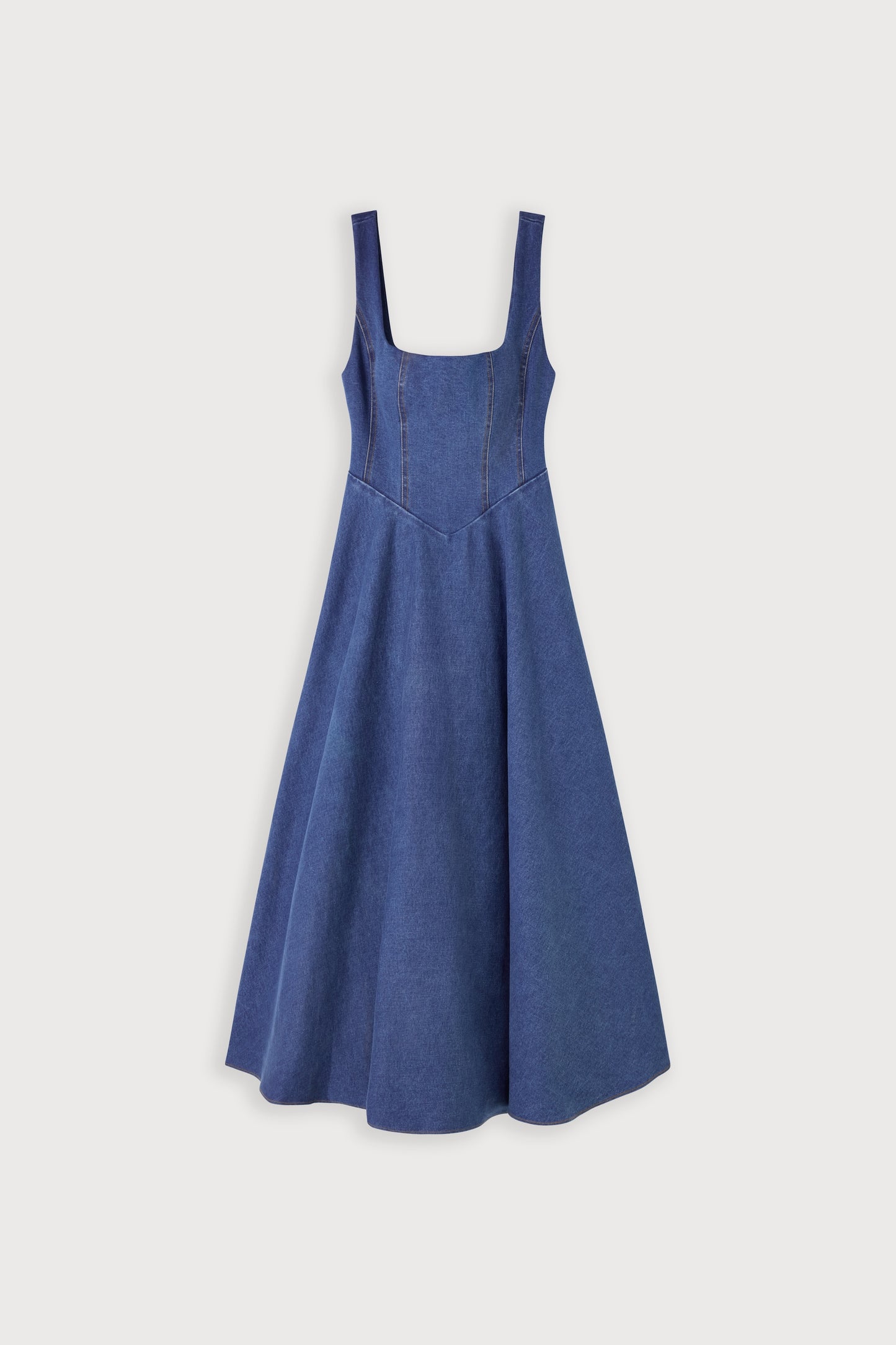 Cotton Mix Denim Square Neck Midi Dress