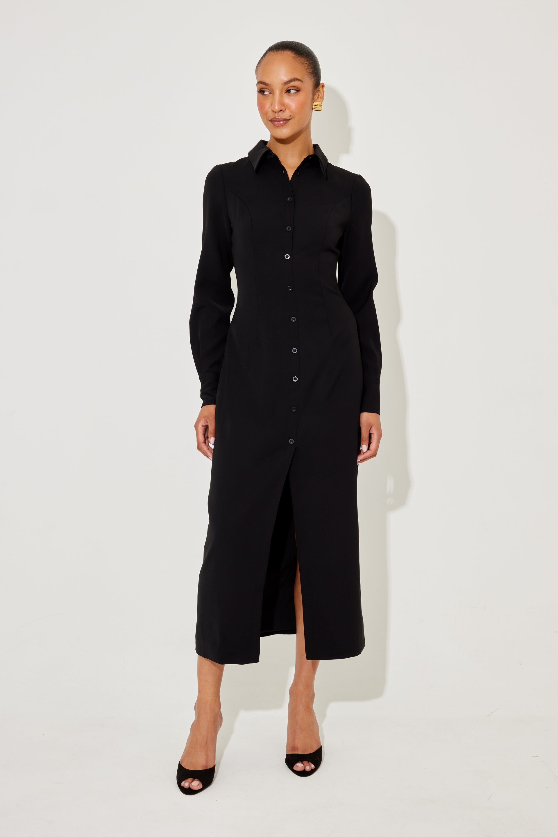 black shirt collar dress Long Sleeve Maxi – Odd Muse Bridesmaid Dresses 2020 Size:43 front buttoned right over Soiree Shawl, in Black
