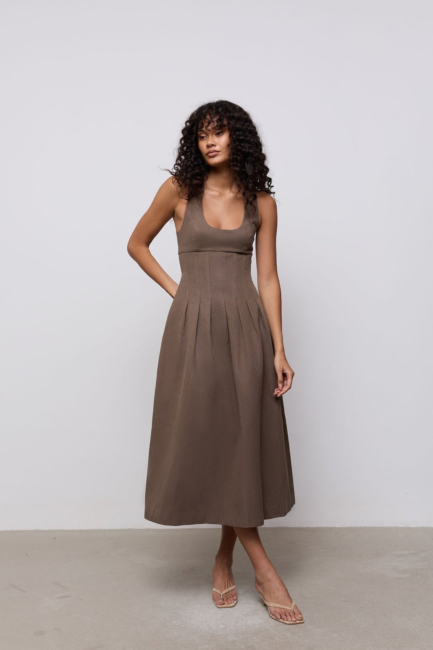 Cotton Mix Cinched Midi Dress