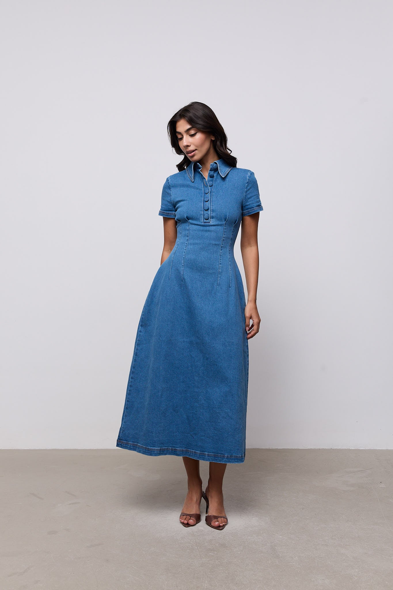 Cotton Mix Denim Collared Midi Dress