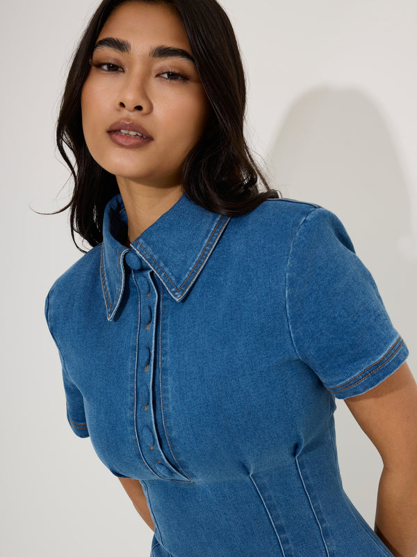 Cotton Mix Denim Collared Midi Dress