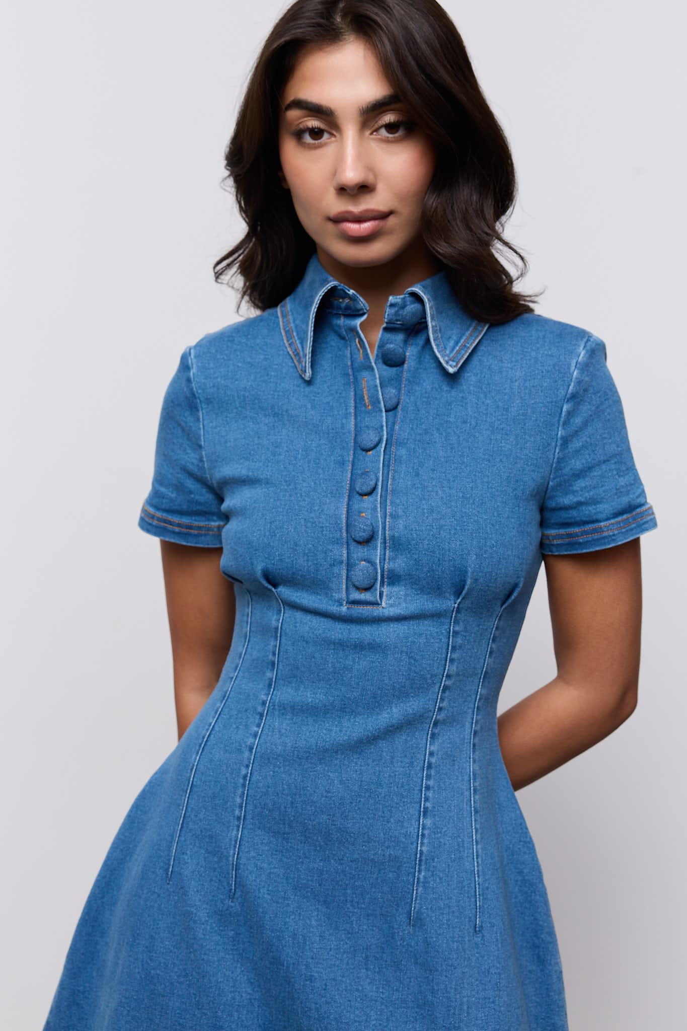 Cotton Mix Denim Collared Midi Dress