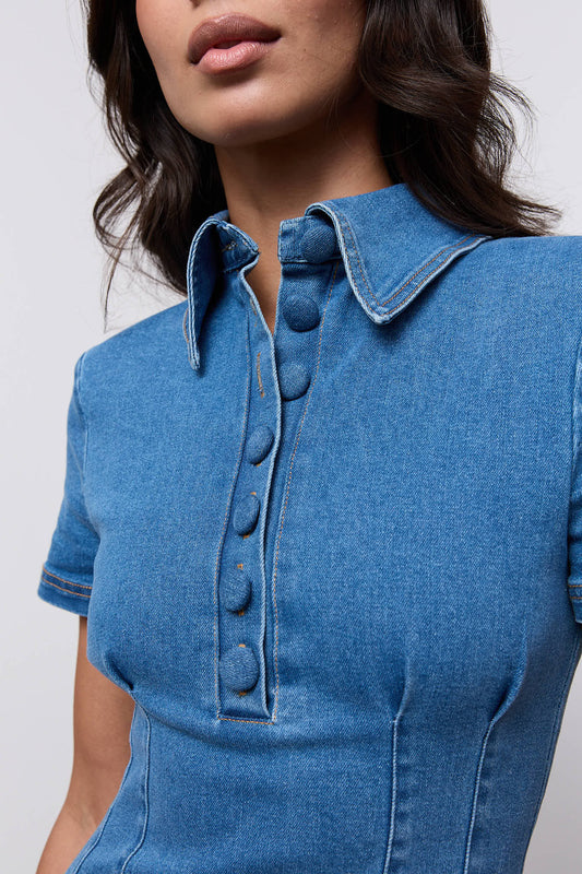 Cotton Mix Denim Collared Midi Dress