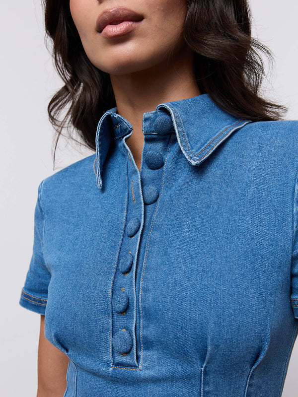 Cotton Mix Denim Collared Midi Dress