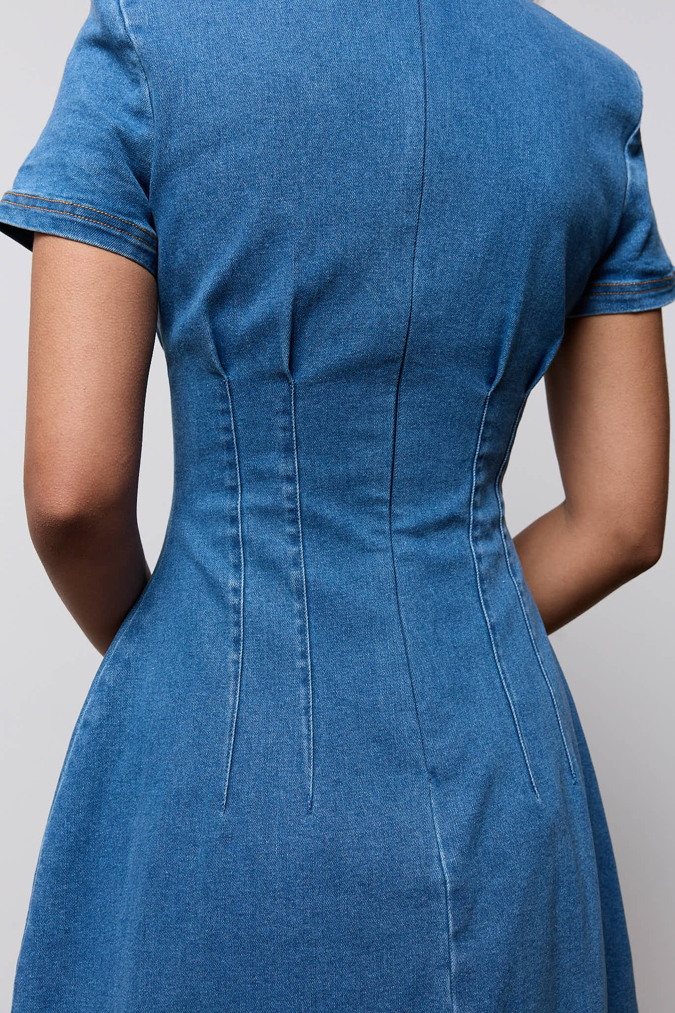 Cotton Mix Denim Collared Midi Dress