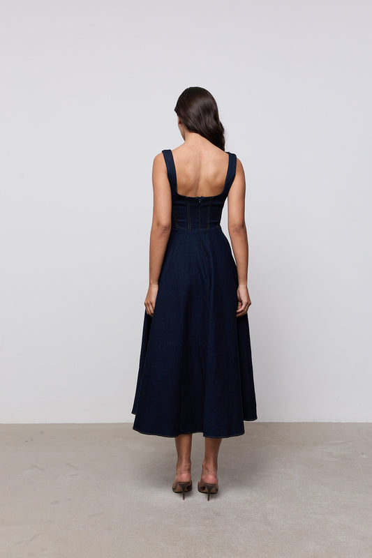 Cotton Mix Denim Square Neck Midi Dress
