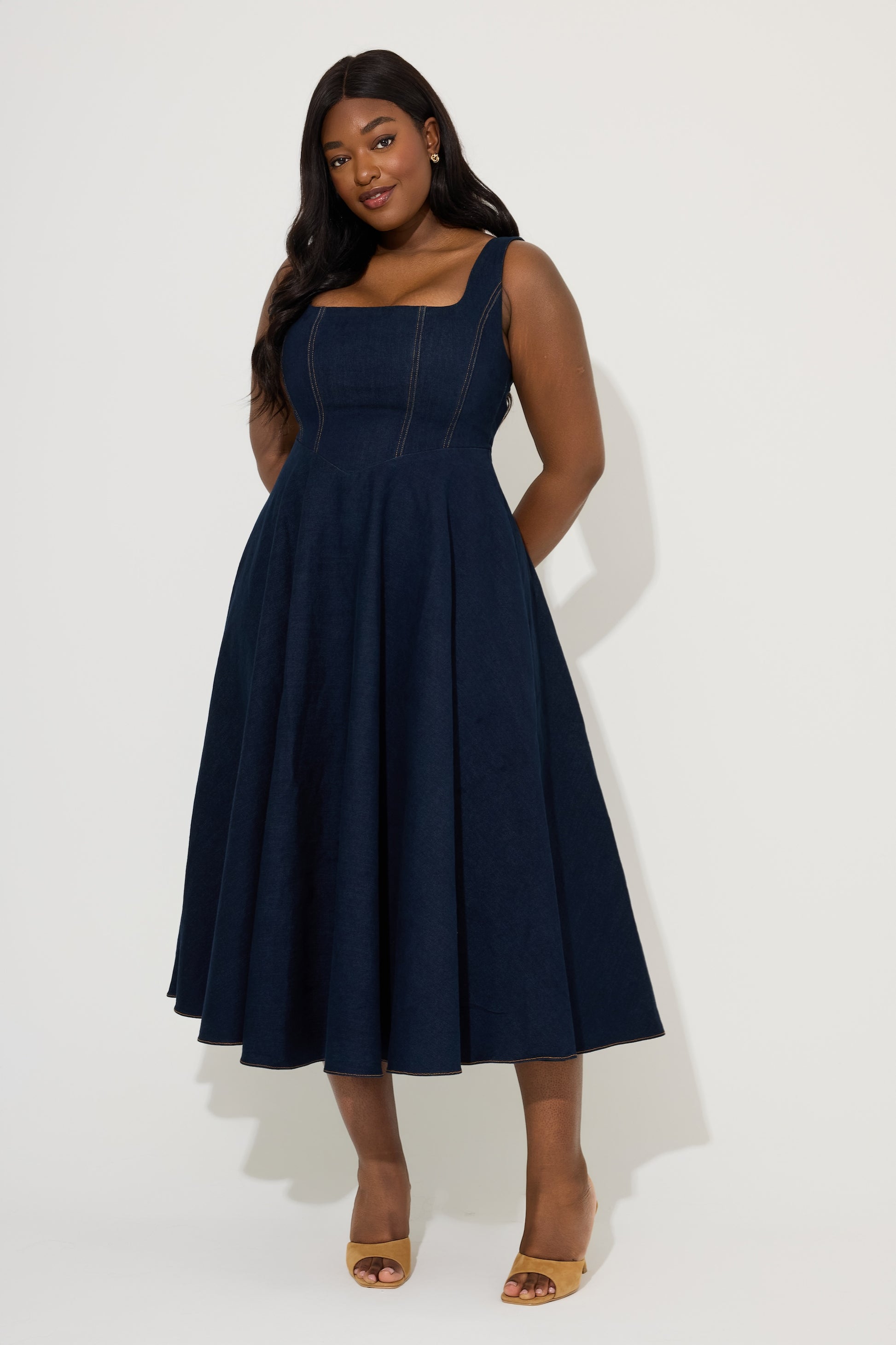 Cotton Mix Denim Square Neck Midi Dress – Odd Muse