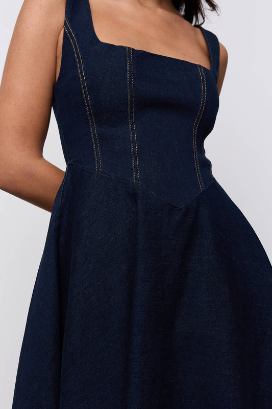 Cotton Mix Denim Square Neck Midi Dress