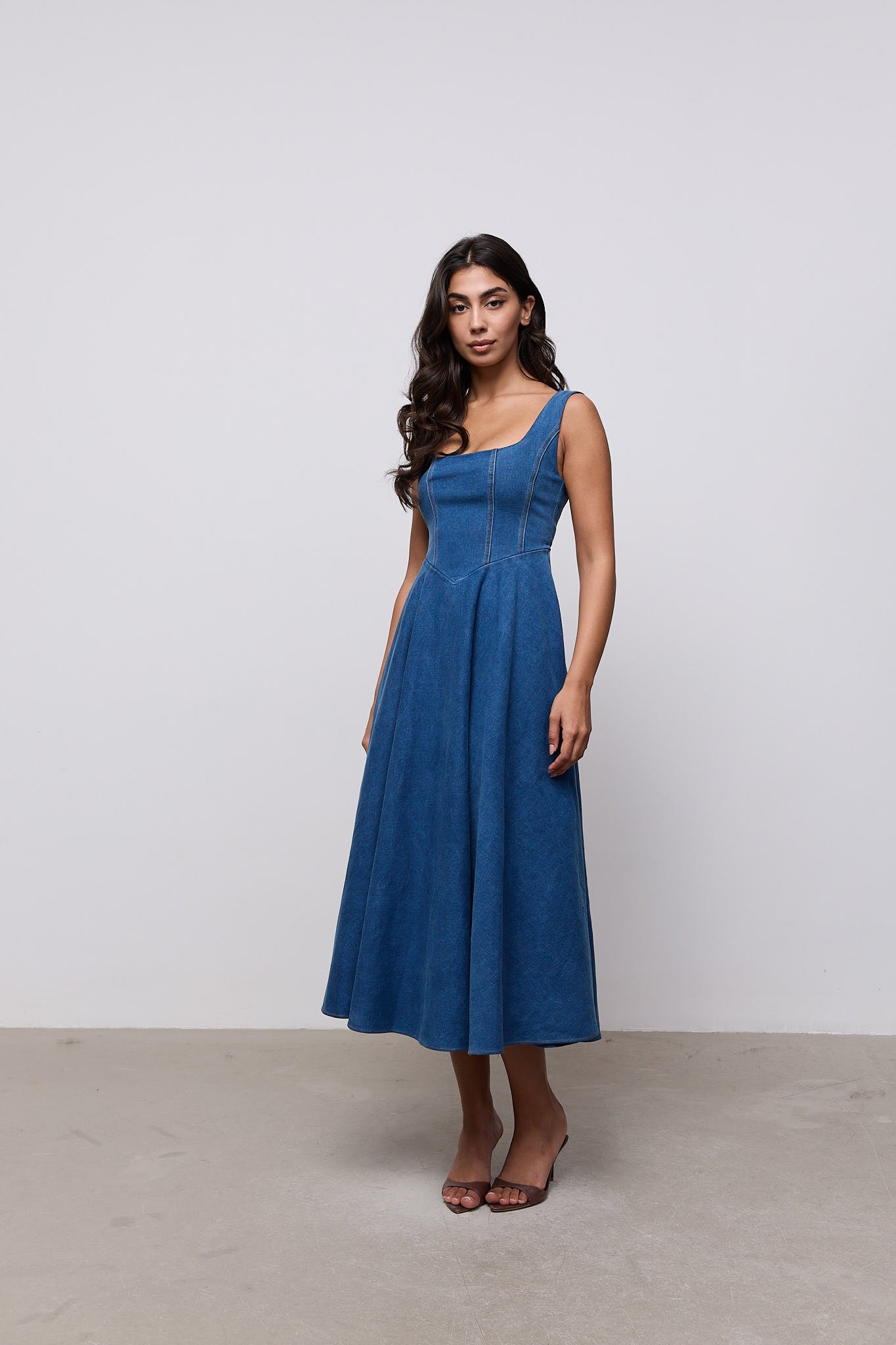 midi dress mix jeans Cotton Mix Denim Collared Midi Dress