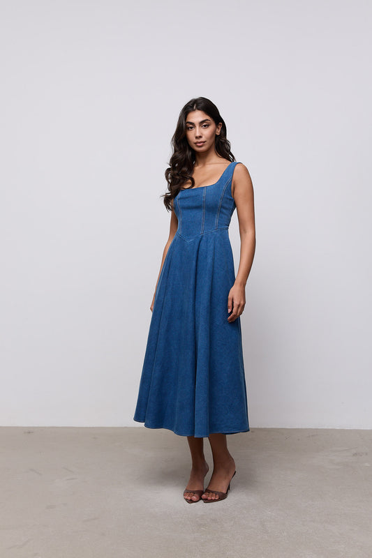 Cotton Mix Denim Square Neck Midi Dress