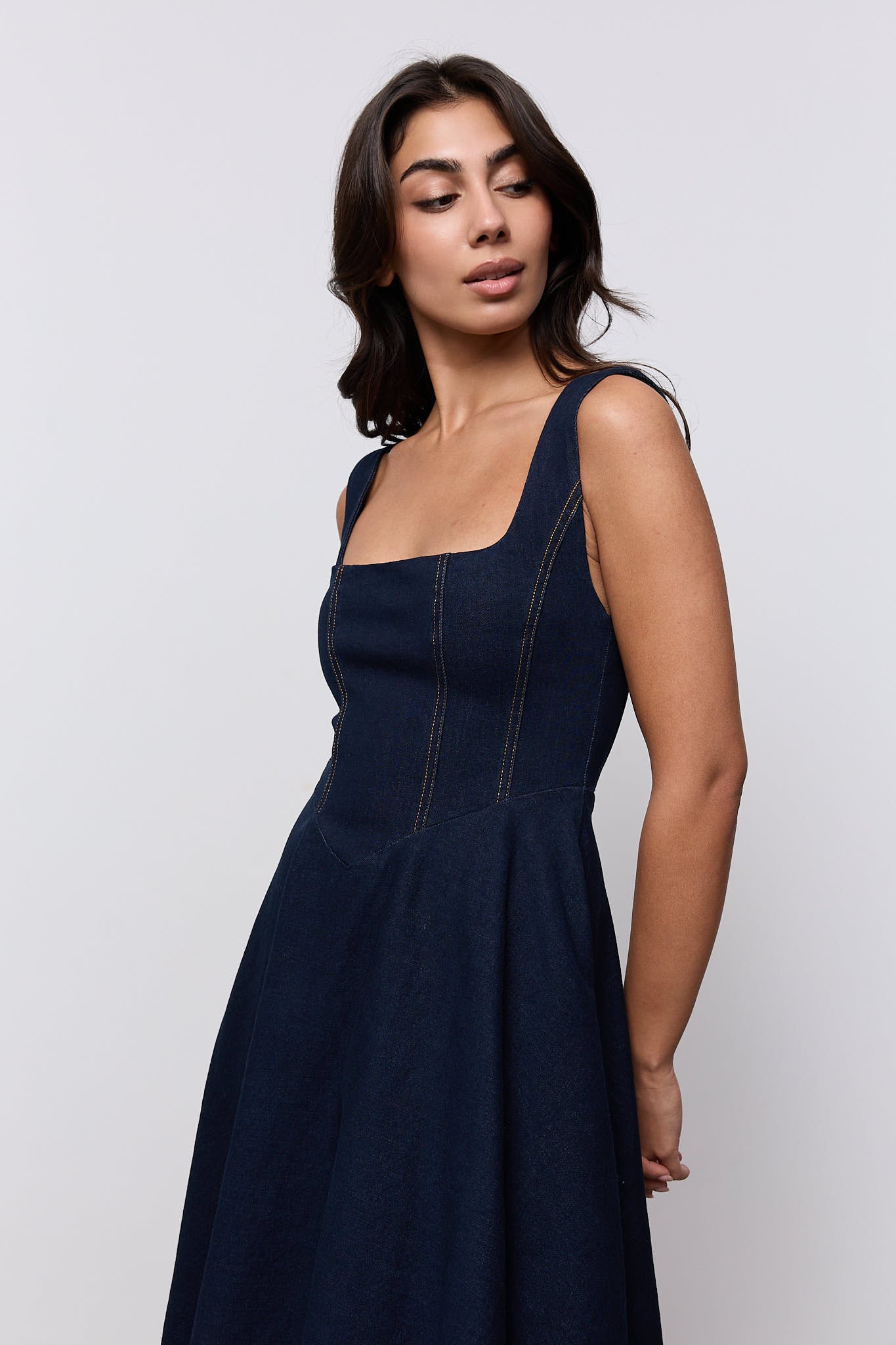 Cotton Mix Denim Square Neck Midi Dress
