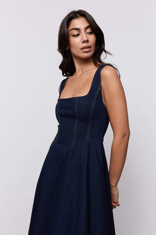 Cotton Mix Denim Square Neck Midi Dress