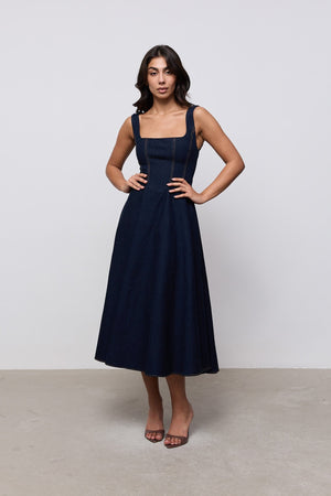Cotton Mix Denim Square Neck Midi Dress