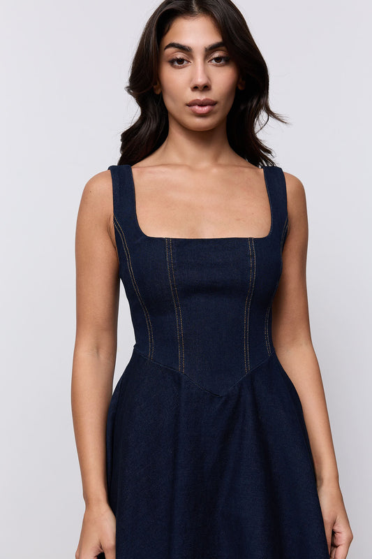 Cotton Mix Denim Square Neck Midi Dress