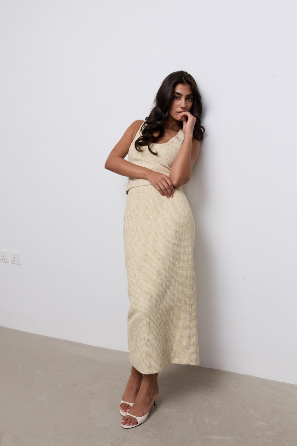 Cotton Mix Tweed Midi Skirt