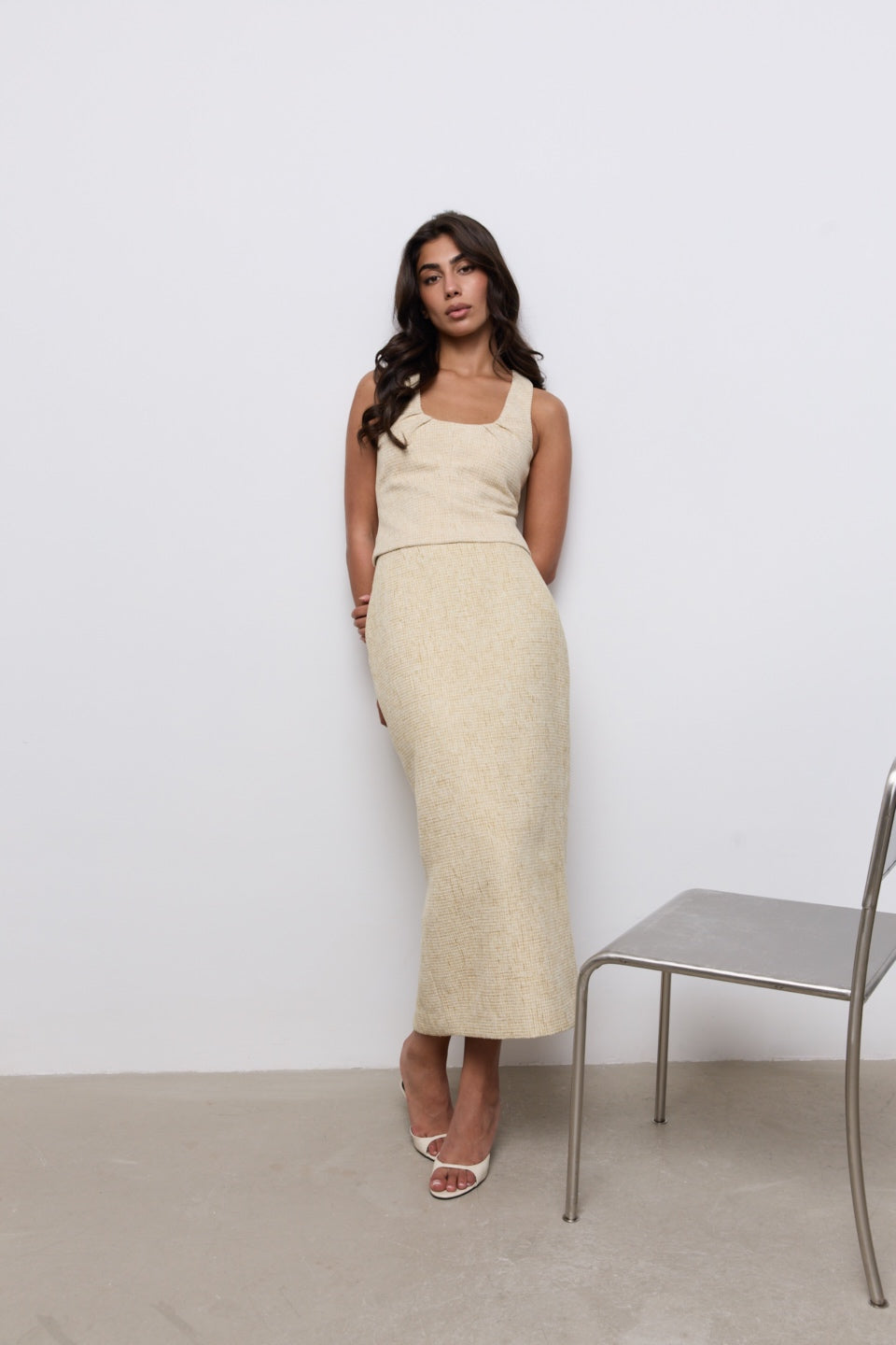 Cotton Mix Tweed Midi Skirt