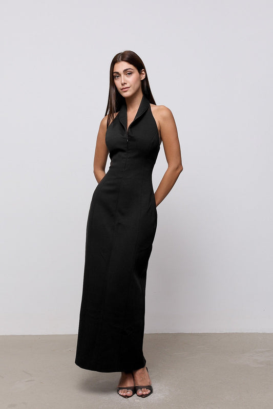 Cotton Mix Zip Collar Midi Dress