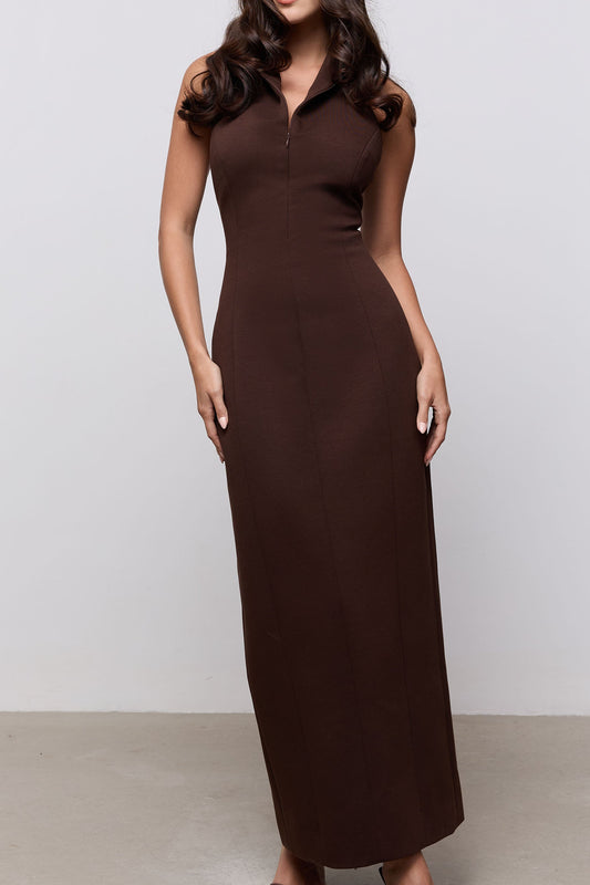 Cotton Mix Zip Collar Midi Dress