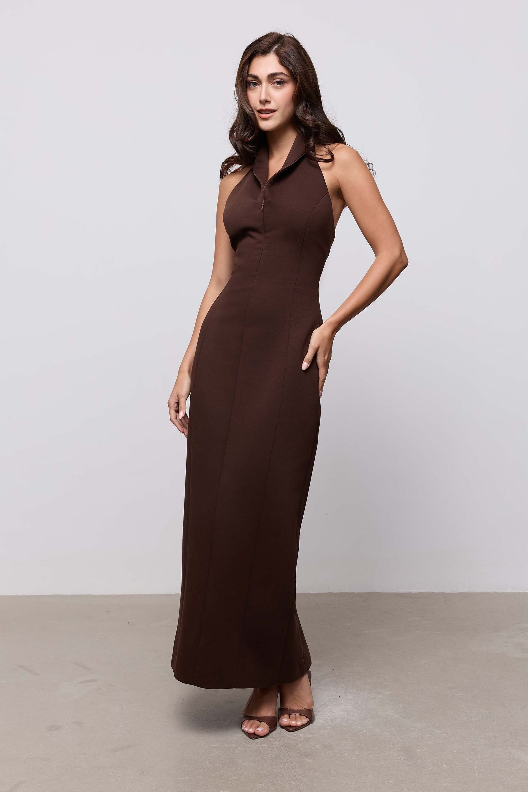 Cotton Mix Zip Collar Midi Dress