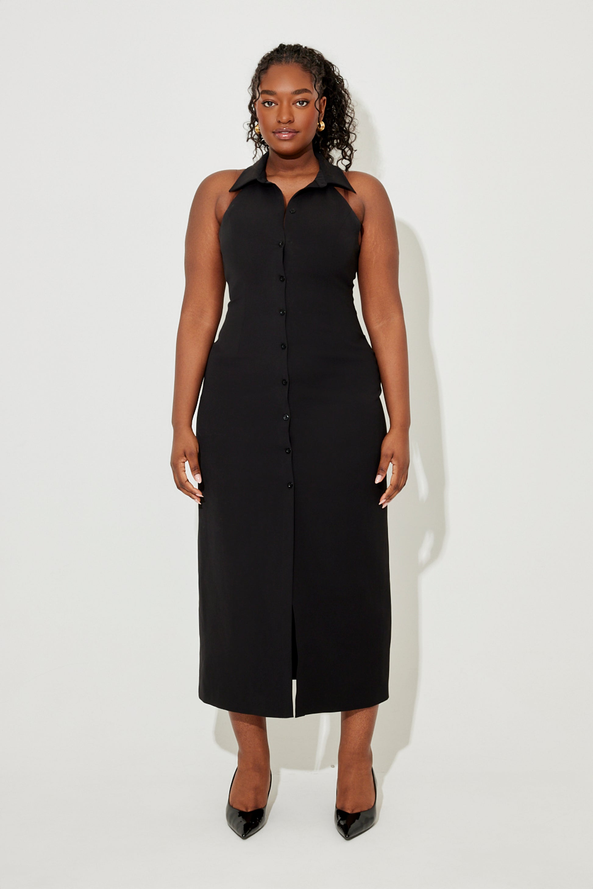black maxi dress with collar Women's Black Button Down Collar Detail Maxi Dress
