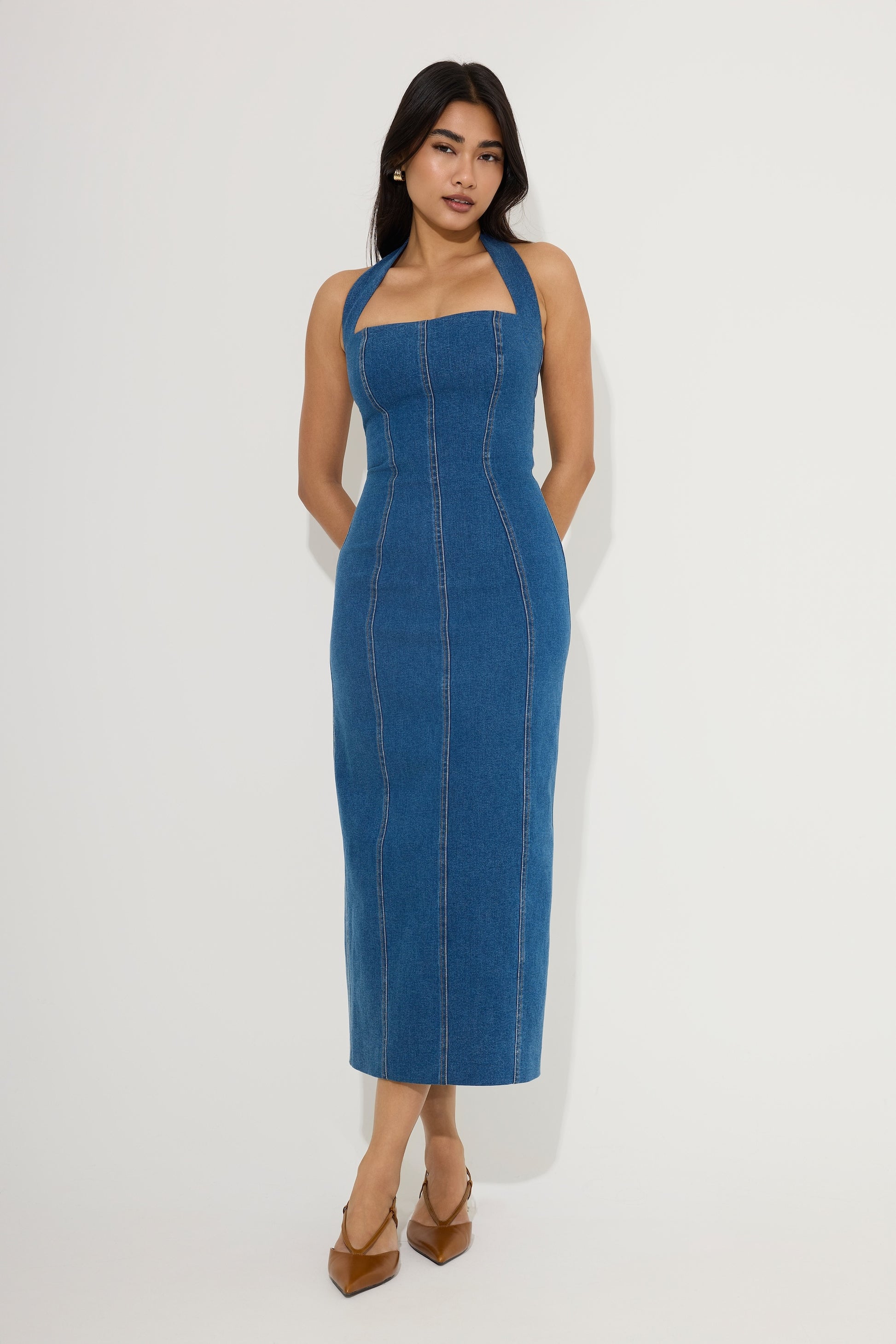 Cotton Mix Denim Halter Midi Dress – Odd Muse