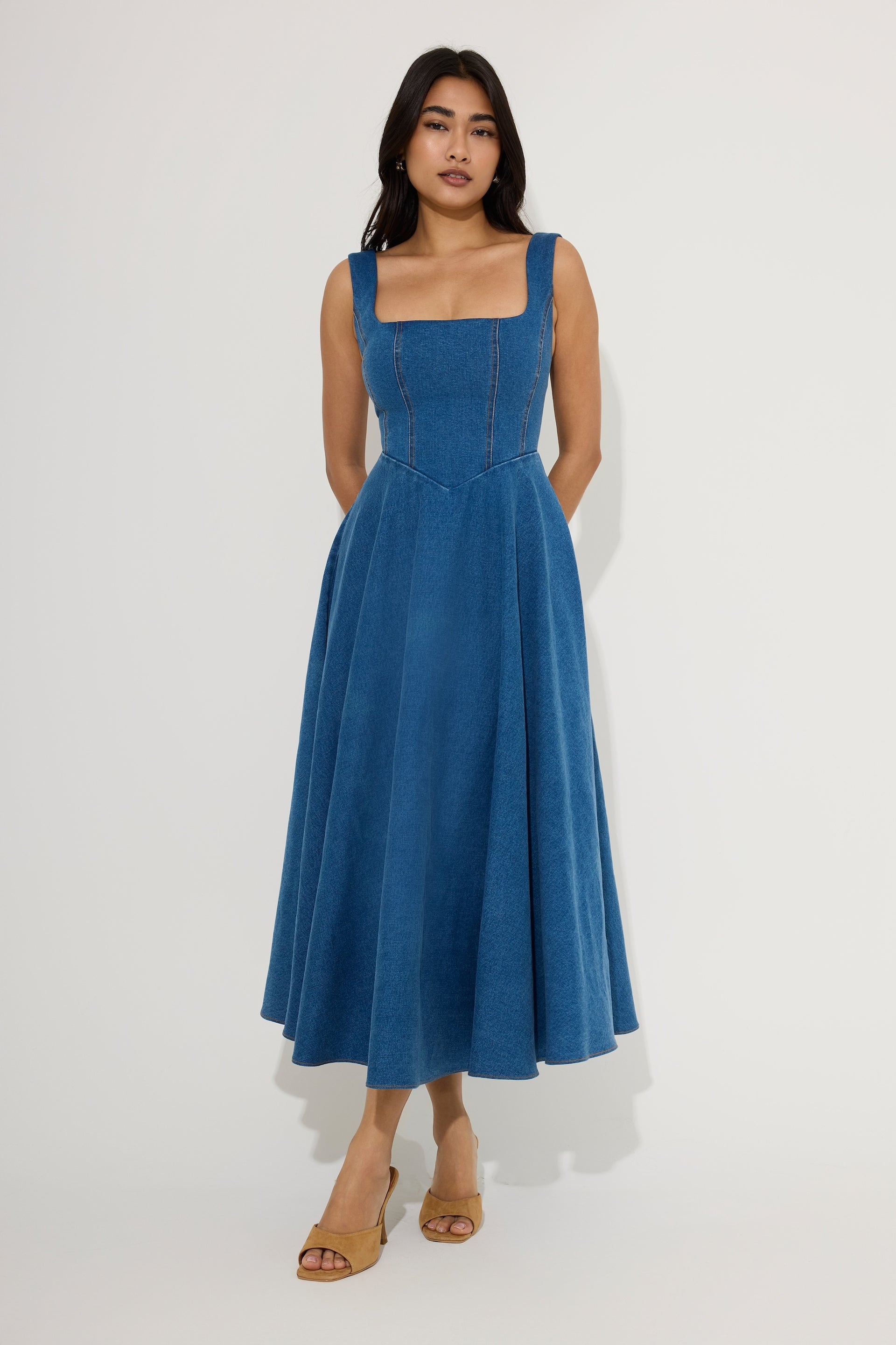 Cotton Mix Denim Square Neck Midi Dress – Odd Muse
