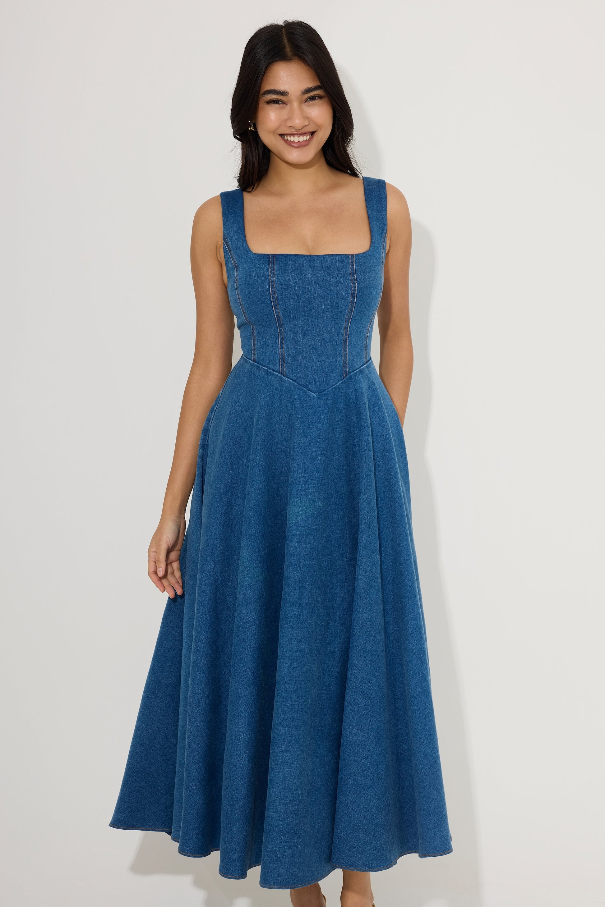 Cotton Mix Denim Square Neck Midi Dress Odd Muse Cotton Mix Denim Square Neck Midi Dress Odd Muse