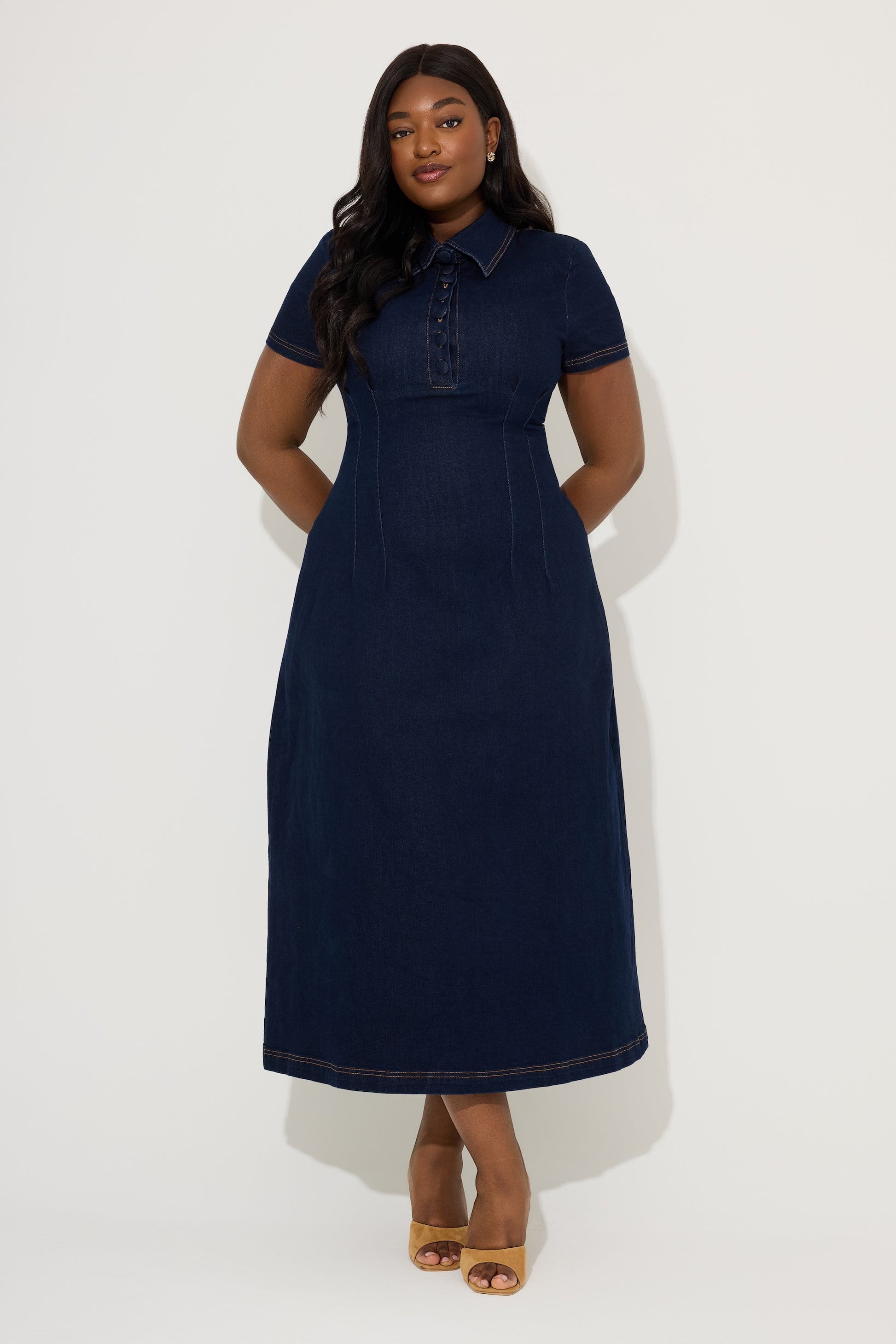 Cotton Mix Denim Collared Midi Dress