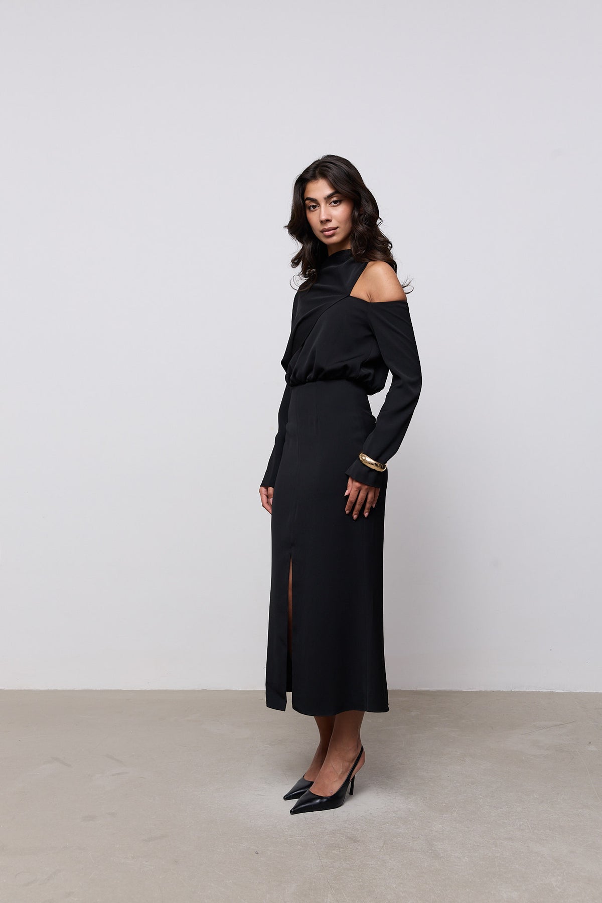 Draped One Shoulder Midi Dress