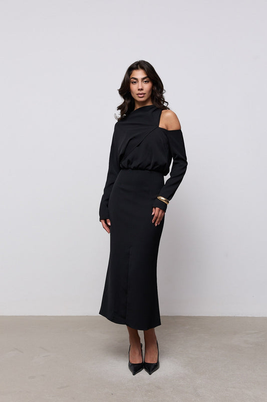 Draped One Shoulder Midi Dress